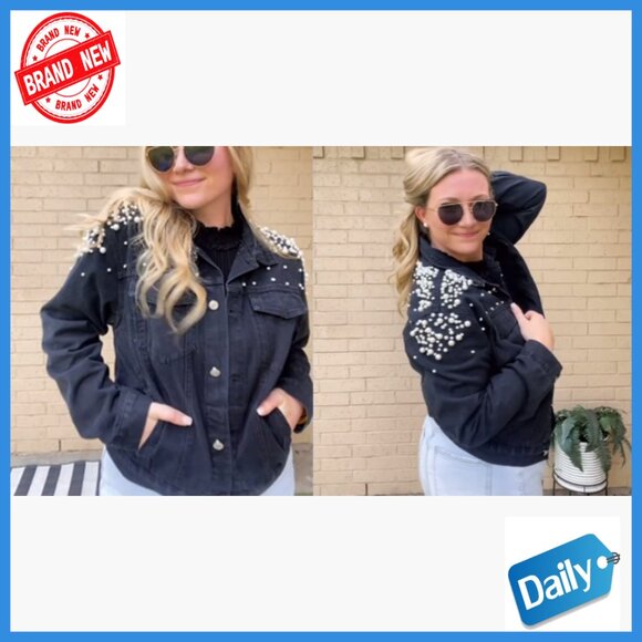 Loose Fit Cropped Denim Jacket with Pearl Beading and Vintage Style - Picture 4 of 6